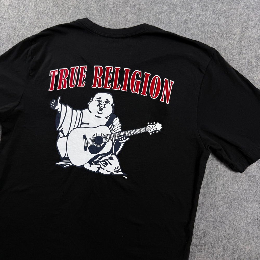True Religion Mens Large Black Short Sleeve Red Horseshoe Logo Graphic T-Shirt